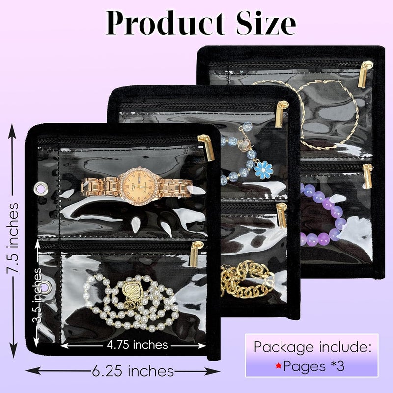 LingLingo Travel Jewelry Organizer Case,Jewelry Bags for Traveling, Jewelry Binder with 24 Pcs Clear Zipper Velvet Pouches (Inner Pages, 3 PCS) - Image 2